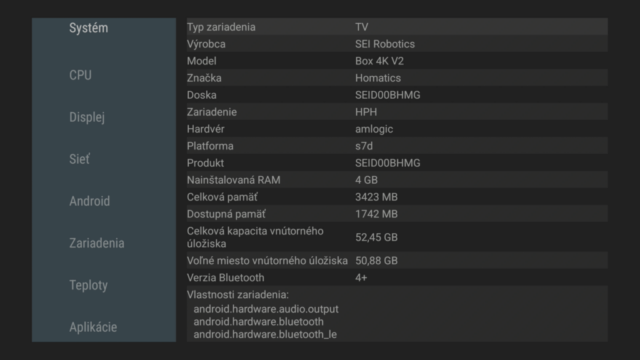 Homatics Box 4K PRO V2 špecifikácia Homatics Box 4K PRO V2 4gb ram a 64 gb